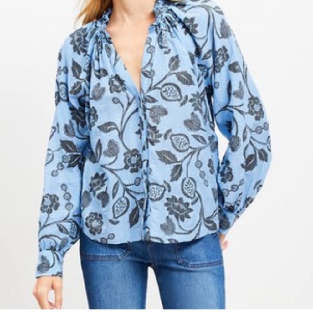 LOFT Petite Garden Ruffle Neck Shirt Dimensions in photos blue black white - Picture 1 of 8